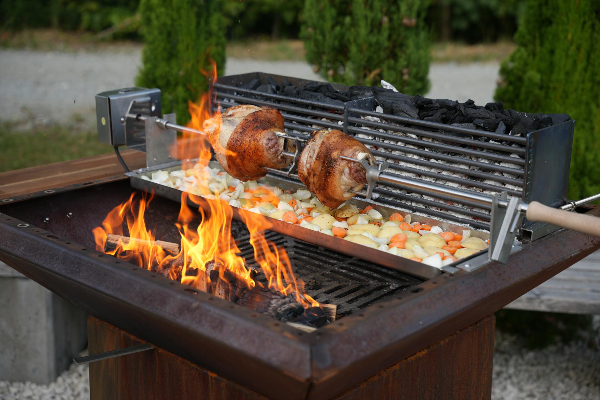 PROFI Drehspieß nach Maß Grillspieß Vierkant Aufnahme Edelstahl Drehantrieb Rotisserie