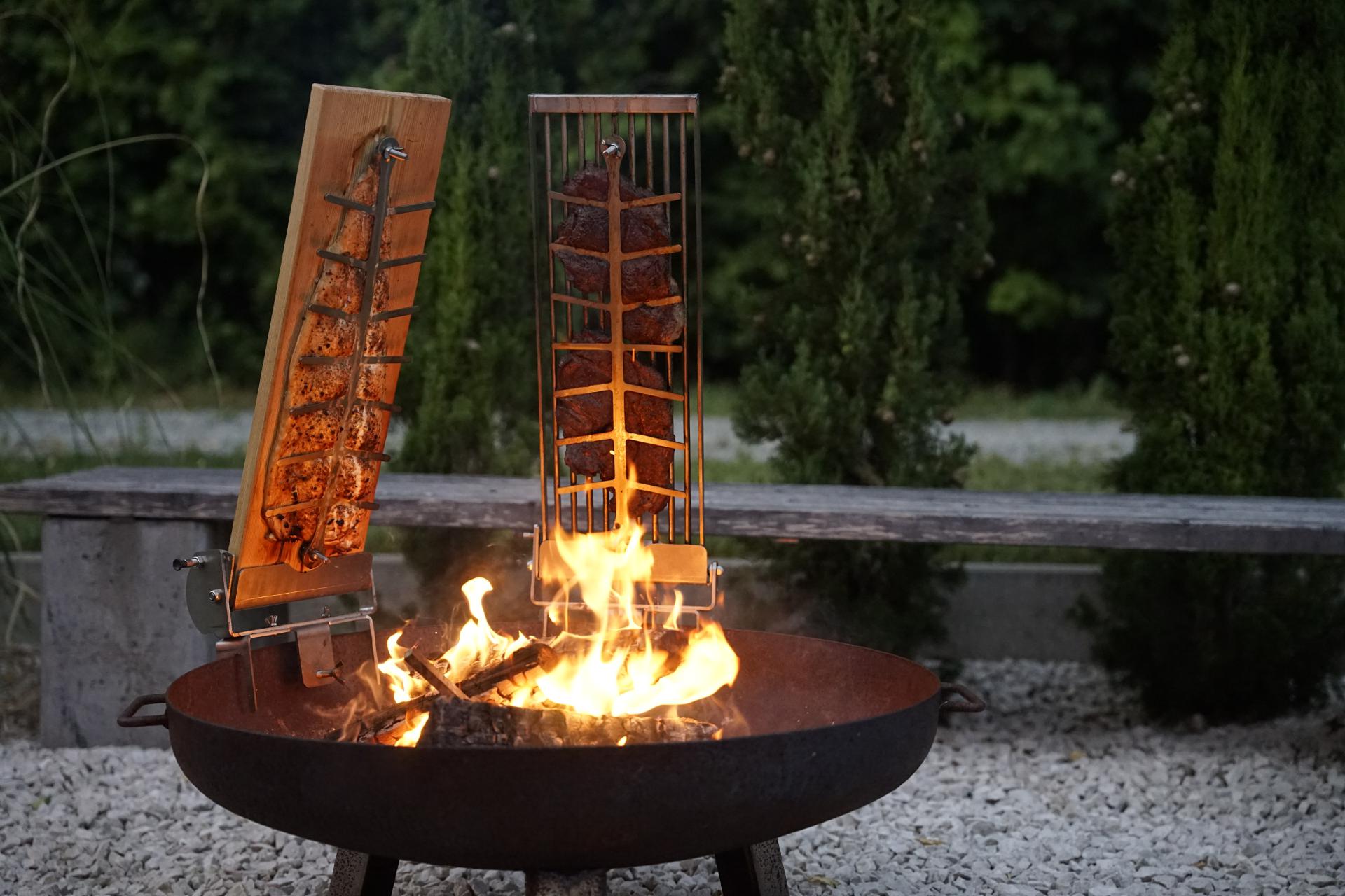 Set 2 Montage Feuerschale Flammlachsbrett Flammlachs