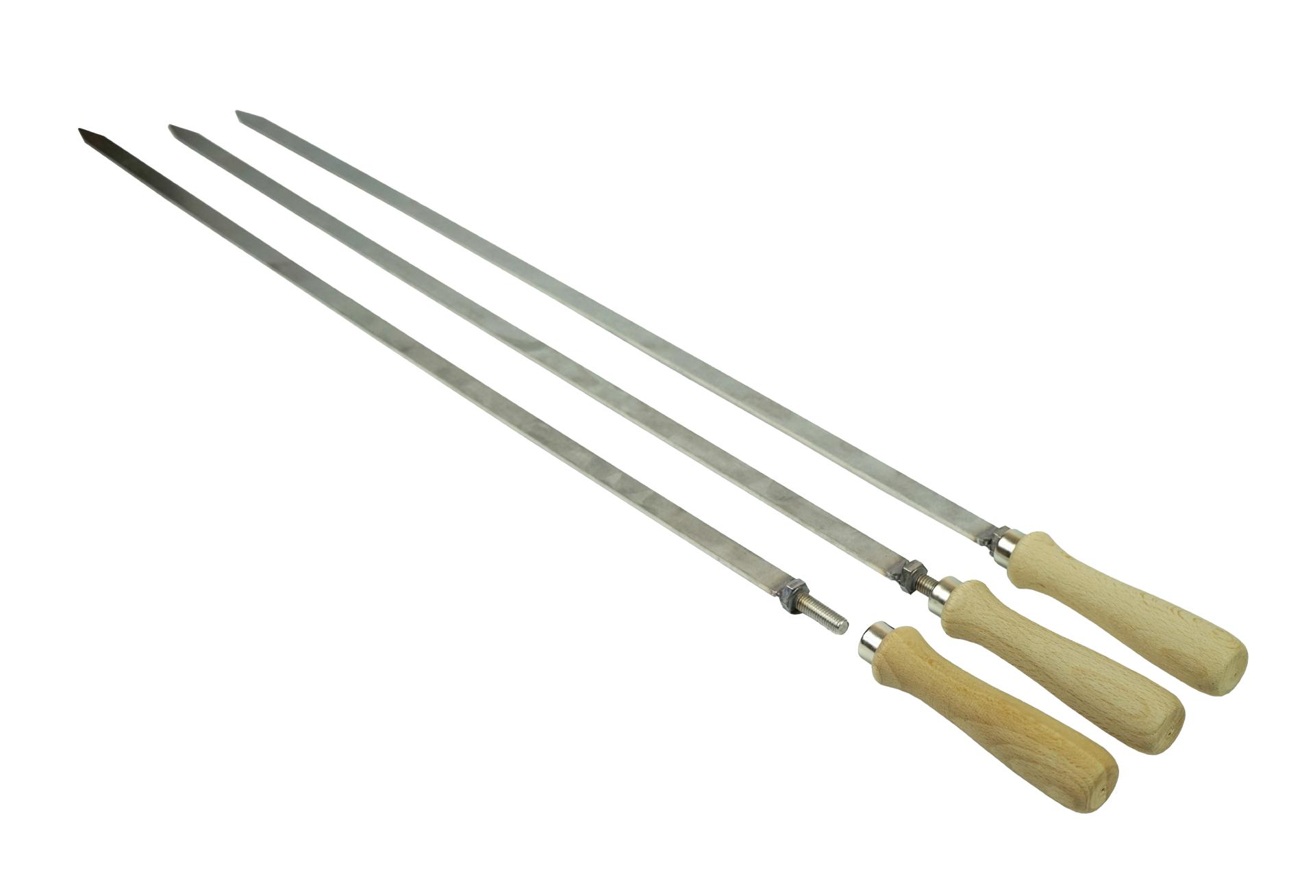 Edelstahl Spieß 12x680 mm mit geschraubten 110 mm Holzgriff Steckerlfisch Fisch Spieße Grillspieß