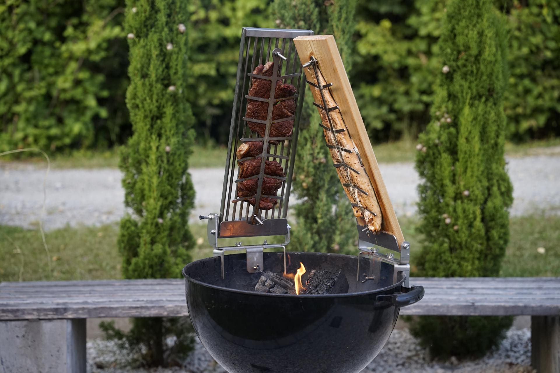 Set 3 Klemmhalter Kugelgrill + Feuerschale + Feuertonne Flammlachsbrett Flammlachs